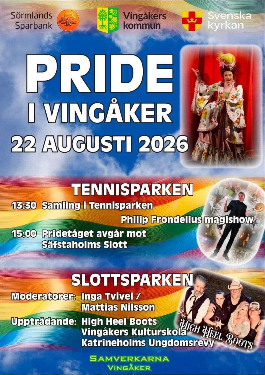 Affisch för Pride i Vingåker den 22 augusti 2026 med regnbågsfärger, tider och program.