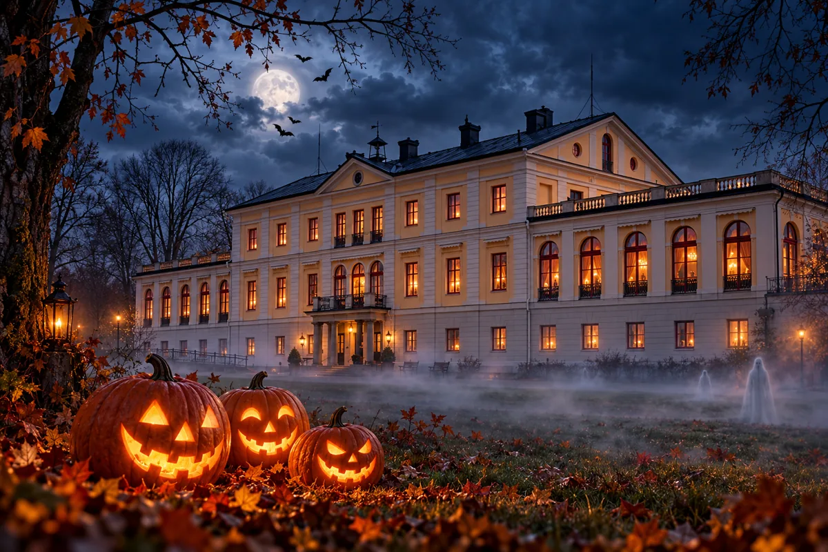 Halloween illustration with glowing pumpkins, mist and ghosts outside Säfstaholm Castle at dusk.