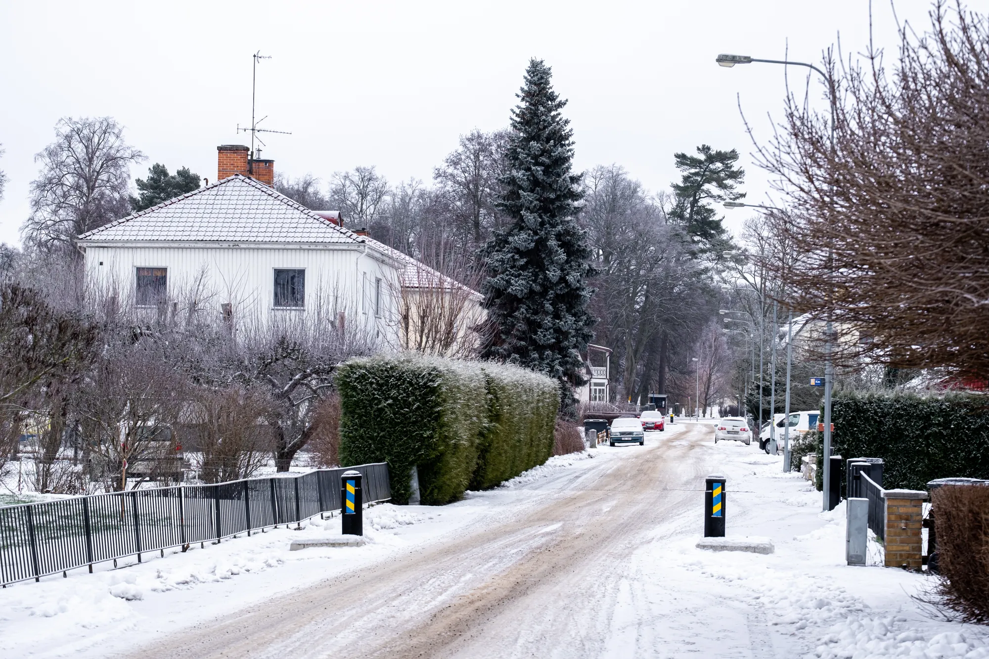 En snöig och slaskig villagata med ett vitt bostadshus, klippt häck och parkerade bilar längre bort.